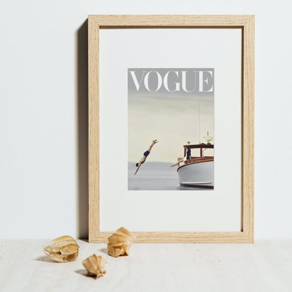 Vogue Poster INSTANT DOWNLOAD, Fashion wall art, Luxury Fashion poster, Editorial print, Man jumping boat, Pastel decor, Fashion Magazine