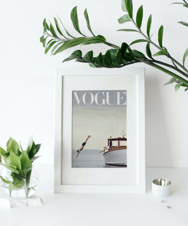 Vogue Poster INSTANT DOWNLOAD, Fashion wall art, Luxury Fashion poster, Editorial print, Man jumping boat, Pastel decor, Fashion Magazine